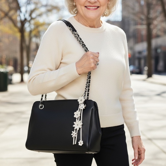 Hand Crafted Accessories - Floral Tassel Leather Bag Charm - White